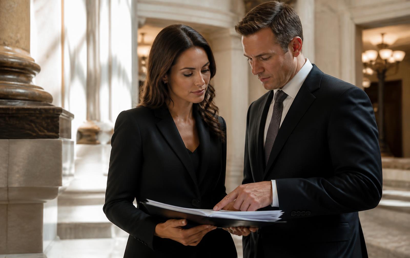 Two consultants reviewing government contract documents in an institutional marble lobby
