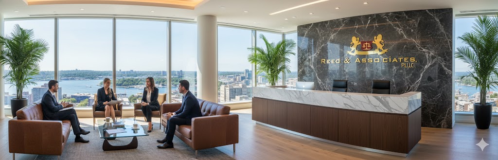 Reed & Associates PLLC reception lounge with team members meeting beside floor-to-ceiling windows