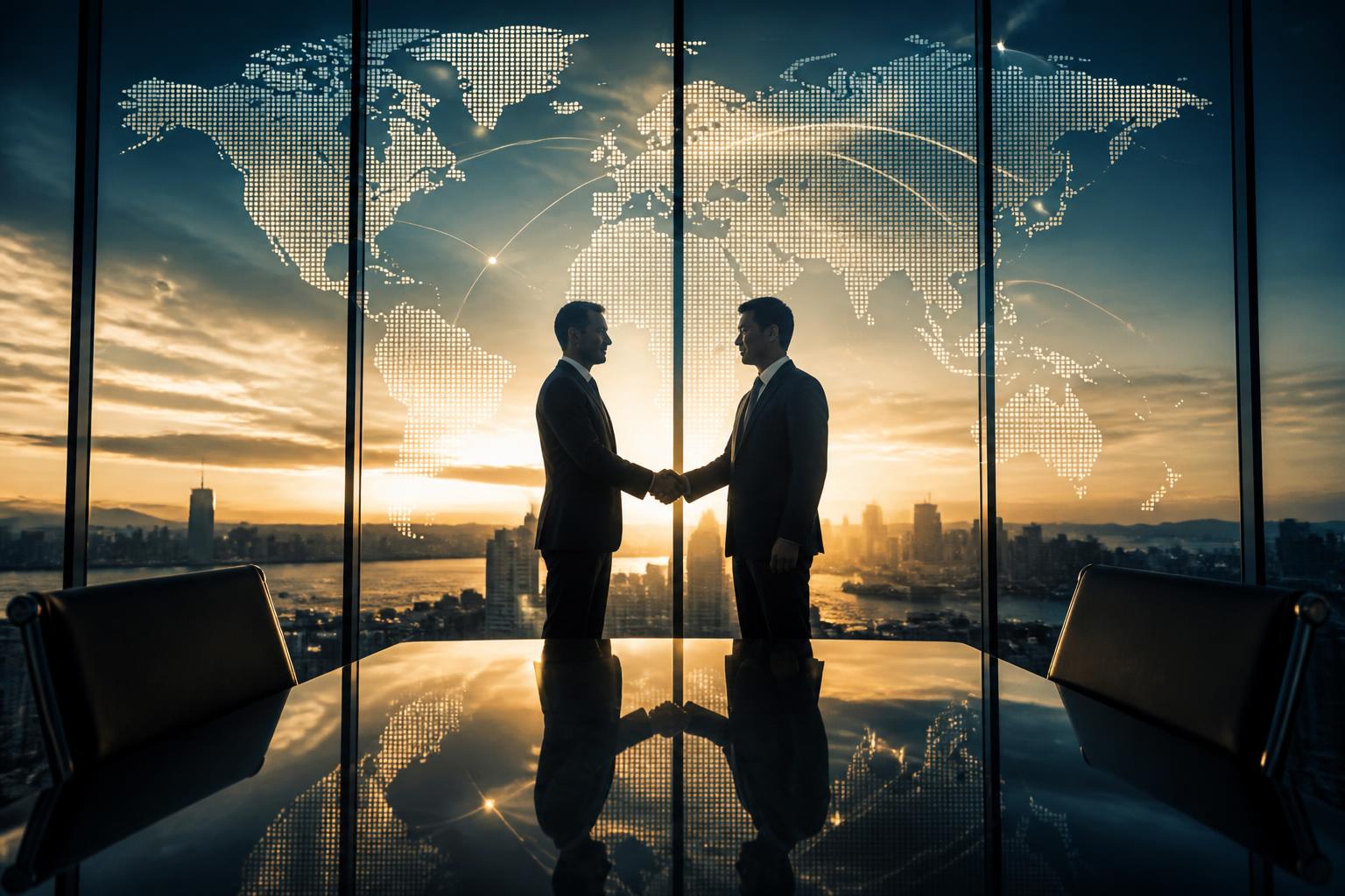 Two executives shaking hands in front of a window displaying a global map at sunset